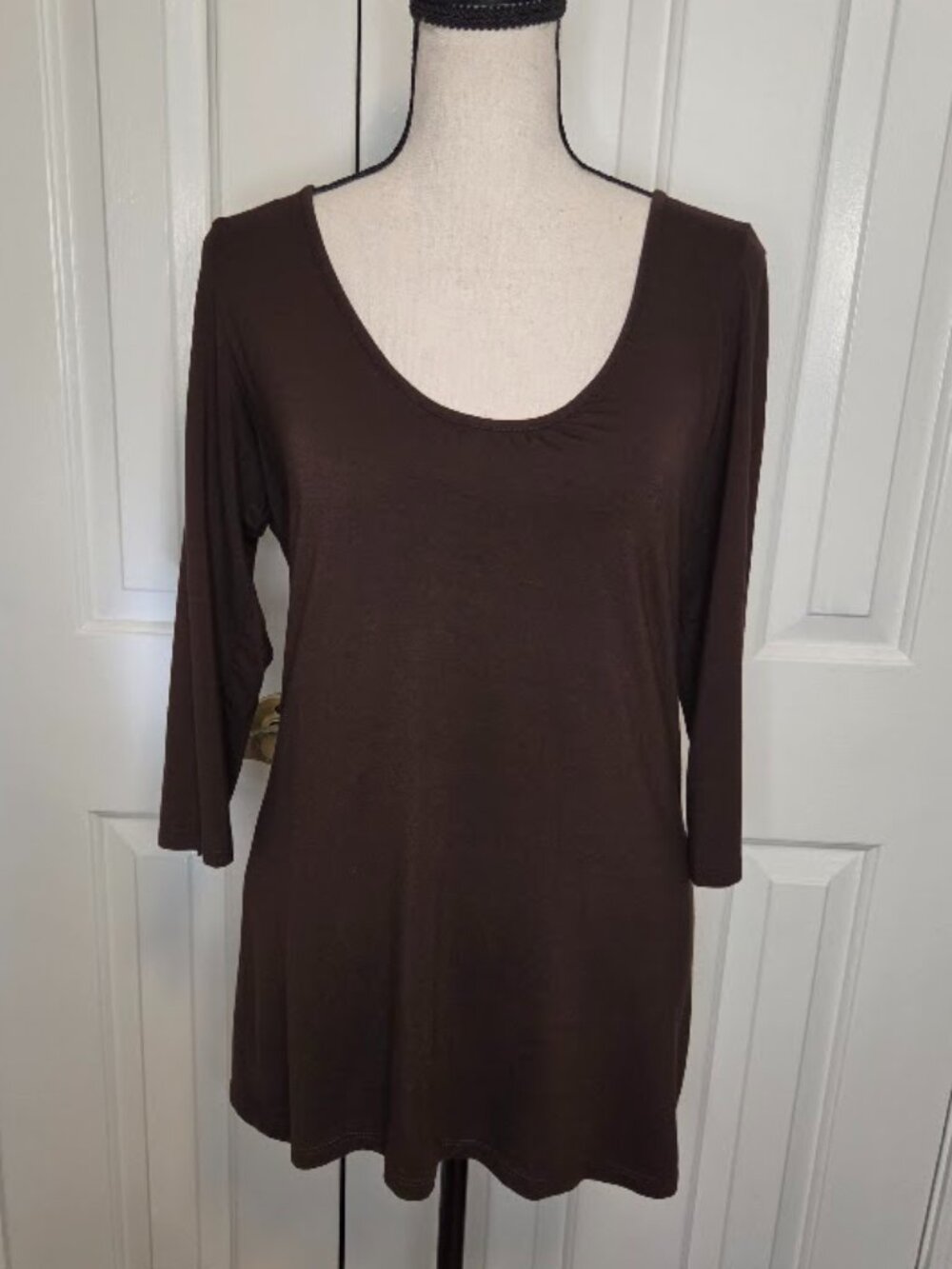 Fabrizio Gianni Brown Scoop Neck Stretch Tunic Top Large 3/4 Sleeve